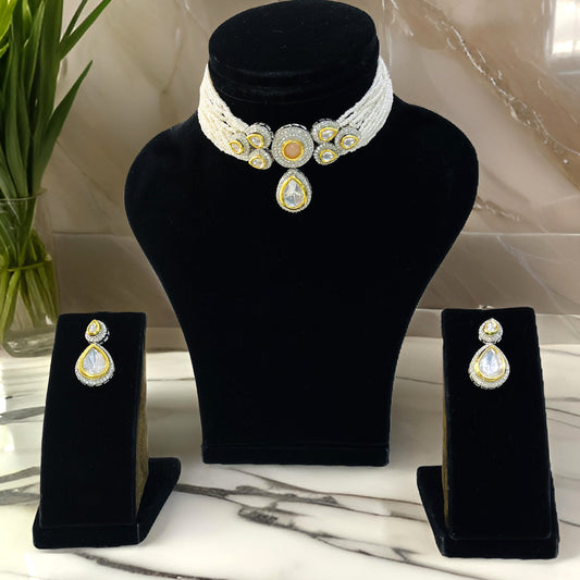 Nex Jewellers Gold Tone Latest Stylish Fancy Pearl Choker Design Antique Traditional Kundan Bridal Long Dazzling Choker Necklace Earring Jewellery Set for Women women Anniversary Gift for Wife