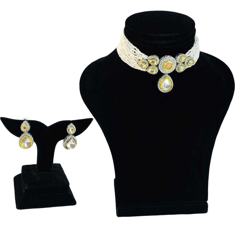 Nex Jewellers Gold Tone Latest Stylish Fancy Pearl Choker Design Antique Traditional Kundan Bridal Long Dazzling Choker Necklace Earring Jewellery Set for Women women Anniversary Gift for Wife