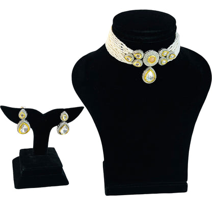 Nex Jewellers Gold Tone Latest Stylish Fancy Pearl Choker Design Antique Traditional Kundan Bridal Long Dazzling Choker Necklace Earring Jewellery Set for Women women Anniversary Gift for Wife