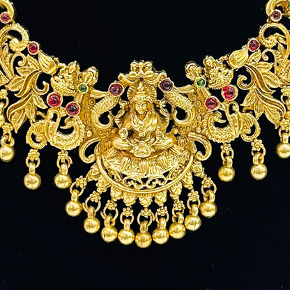 Nex Jewellers Micro Gold Plated Latest Stylish Fancy Choker Traditional Jewellery Set for Women | Laxmi Temple Necklace Set | Festive Wedding Party Necklace | Like Original Gold Jewellery
