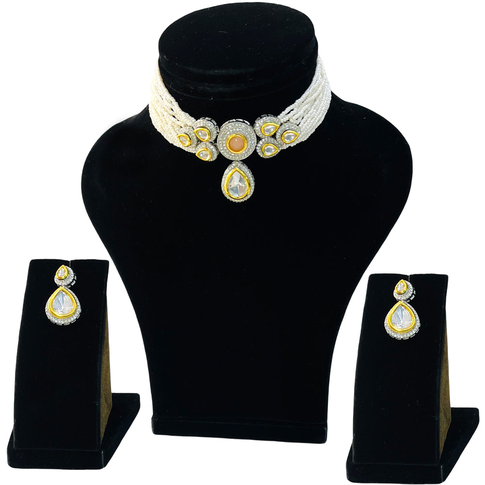 Nex Jewellers Gold Tone Latest Stylish Fancy Pearl Choker Design Antique Traditional Kundan Bridal Long Dazzling Choker Necklace Earring Jewellery Set for Women women Anniversary Gift for Wife